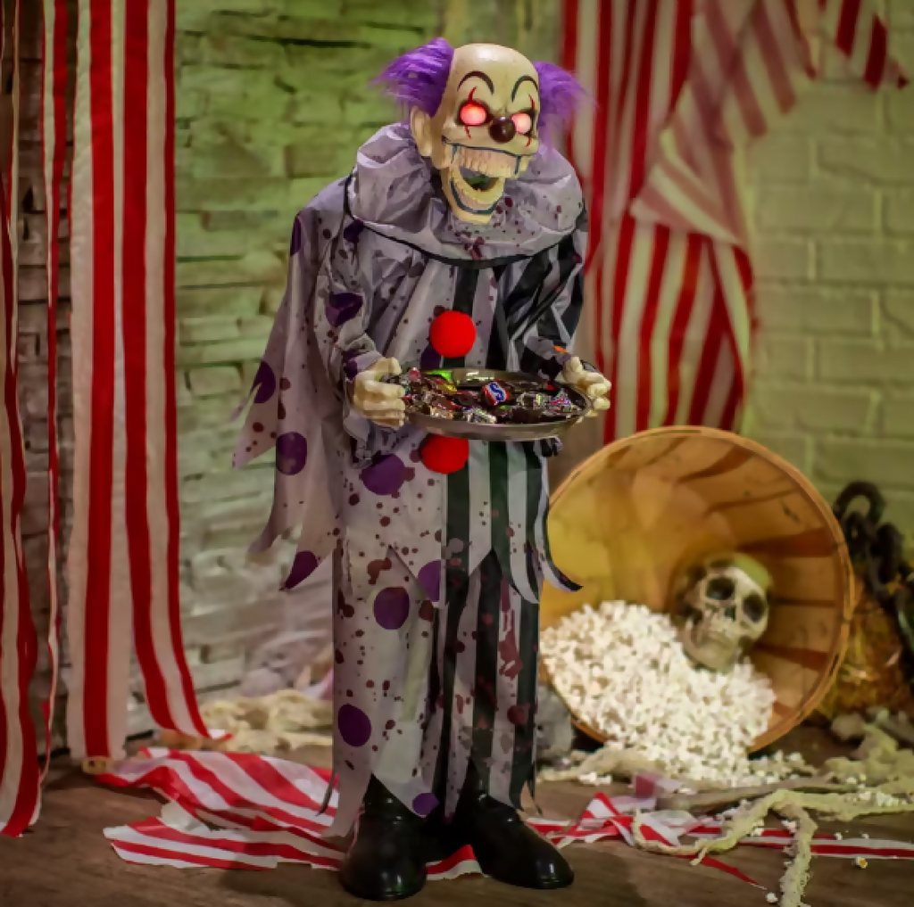 scary clown with tray animated Halloween prop